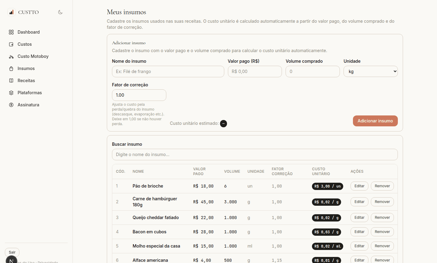 Tela de Insumos do CUSTTO com a lista de ingredientes cadastrados e o custo unitário calculado